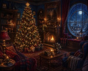 Obraz premium Cozy Christmas library interior with tree, fireplace, moonlit window