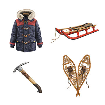 Winter outdoor gear including jacket snowshoes sled and ice pick transparent background