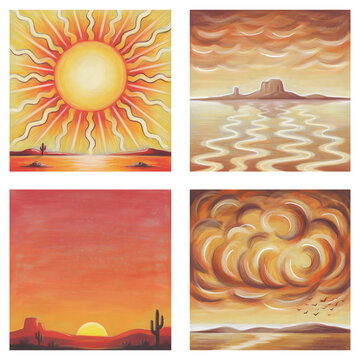Vibrant Desert Scenery Paintings Featuring Sunsets Clouds And Cacti transparent background