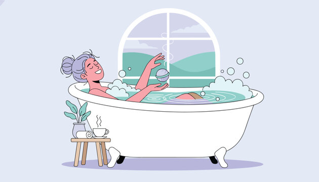 Smiling young woman relaxing in a bubbly bathtub with a bath bomb and a warm cup of tea on a stool near a window.