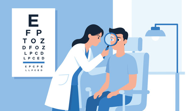 Female optometrist in white coat checking vision of young male patient with magnifying glass in clinic office.