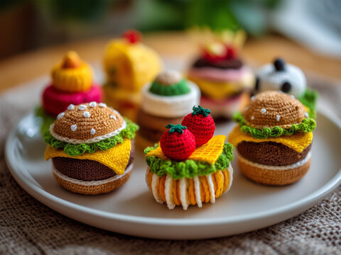 Colorful knitted burger and cupcake decorations arranged on a white plate, featuring cherries, strawberries, lettuce, cheese, chocolate, and yellow pastries in soft focus.
