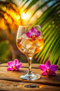 Exotic drink with Orchid Flower Tropical Cocktail, Golden Hour Beverage for Luxury Resort Lifestyle, Island Relaxation, Holiday Escape, Summer Refreshment, and Destination Travel Content
