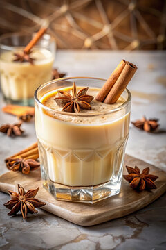 Festive Eggnog Cocktail, a rich creamy golden spiced Christmas beverage with star anise and cinnamon stick, ideal for winter dessert menus, holiday party blogs, and seasonal recipe websites
