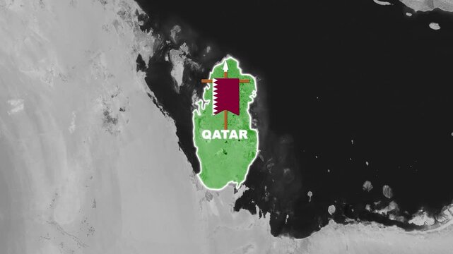Qatar map with national flag icon isolated on satellite view background, high quality 3D motion graphic for news broadcast