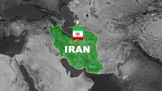 Iran country map animation with national flag and Middle East satellite background