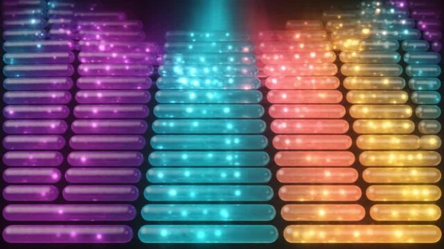 Glowing colorful neon light capsules moving smoothly in rhythmic patterns within vibrant digital animation stock video footage