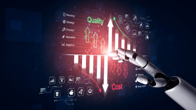 Futuristic Robotic Hand Interacting with Digital Data Visualization of Quality and Cost Metrics in a Business Environment. Bitwise.
