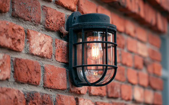 Black industrial outdoor wall lamp mounted on red brick wall. Vintage style maritime bulkhead light fixture provides illumination for building exterior