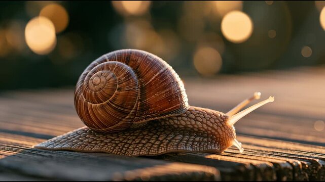 A snail crawls on a wooden surface, showcasing its texture and shell while sunlight catches the surrounding greenery.