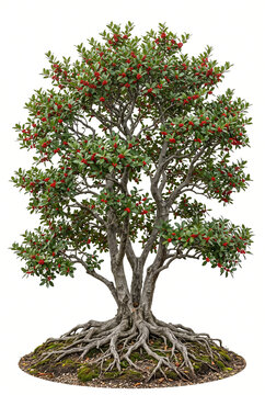 Mature Yaupon Holly, graceful multi-branching crown, small glossy green leaves, red berries, detailed trunk and exposed roots, ultra-realistic 8K, razor-sharp, isolated white background,