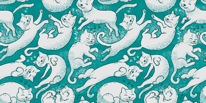 Cute sleeping white cats seamless pattern on teal background