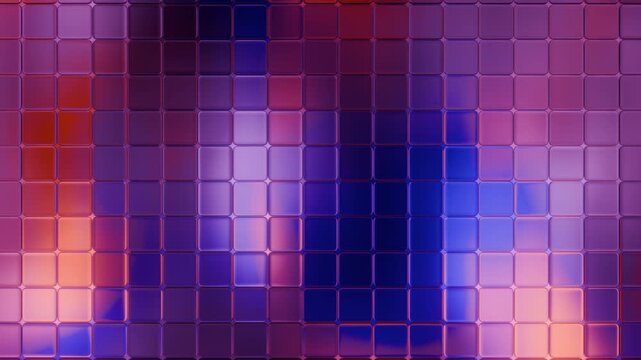 Colorful abstract pixel grid animation featuring glowing neon LED wall tiles shifting with dynamic blue, red, and purple light reflections, perfect for club visuals and modern stage backdrops.