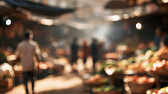 Busy market scene with blurred people and produce creating a vibrant background