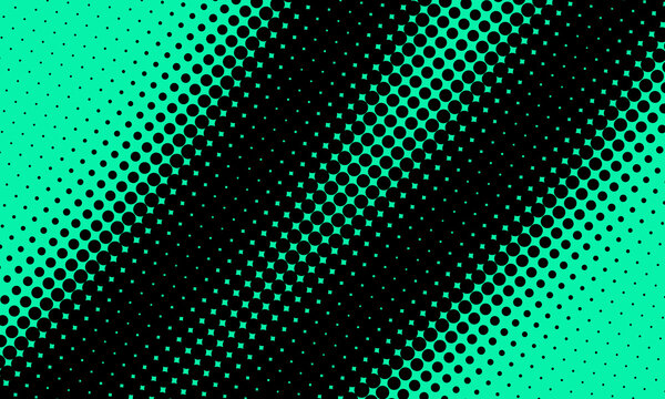 Abstract halftone pattern background with diagonal gradient transition from black dots to bright green color