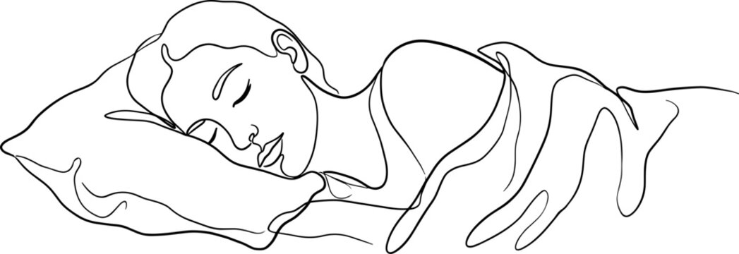 A peaceful outline drawing of a young woman sleeping soundly on a comfortable pillow under covers.