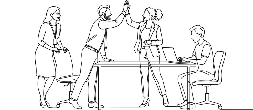 Line drawing of diverse office workers collaborating and celebrating success with high five.