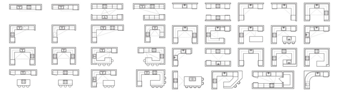 Kitchen Layout Plans and Floorplan CAD Icons Set &mdash; Top View Kitchen Designs, Islands, Sinks, Stoves, Cabinets