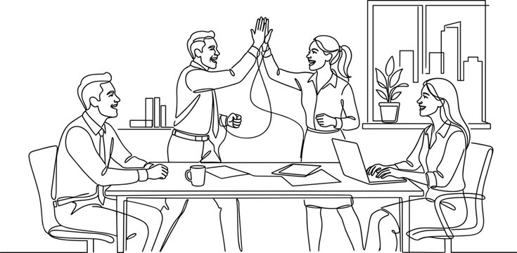 A black and white outline vector illustration of a successful business team celebrating with a high five.