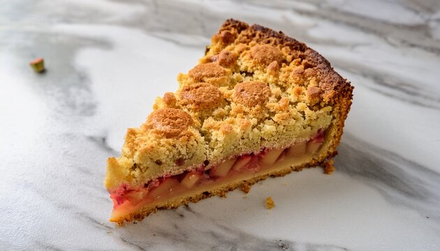 moist rhubarb crumble cake with a golden buttery crust and vibrant rhubarb topping served as a slice on a marble countertop