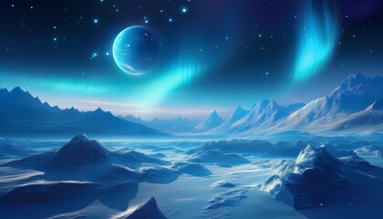 Fototapeta premium a blue aurora in space over an icy landscape with mountains and hills stars and planet