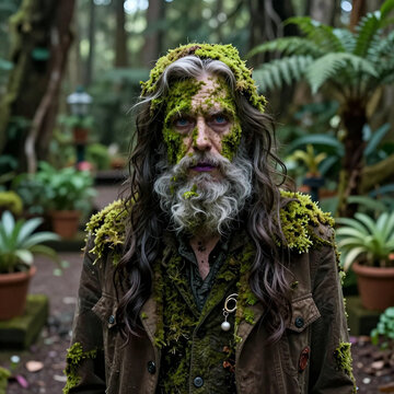 Moss-Covered Figure in Lush Forest Setting