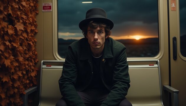 Man on Subway Train at Sunset with Autumn Leaves
