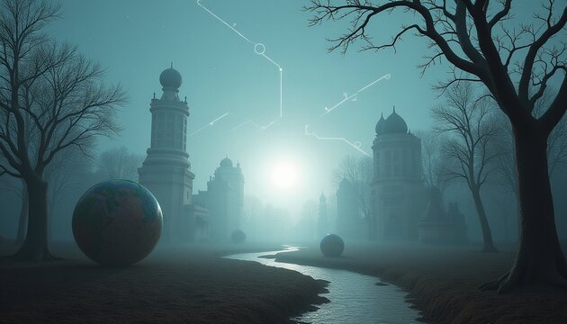 Misty Urban Landscape with Architectural Landmarks, Globe, and River