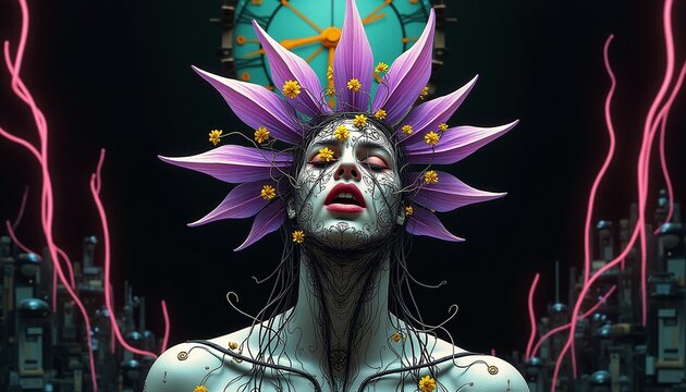 Surreal Portrait with Floral Crown Against Futuristic Cityscape
