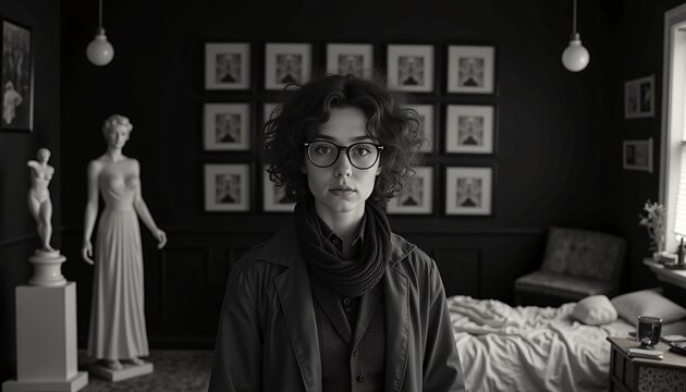 Monochrome Portrait of Woman in Art-Filled Vintage Bedroom