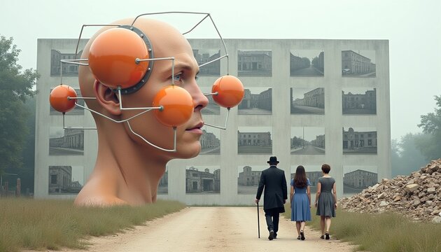 Enigmatic Giant Head with Orange Spheres and Figures Walking Toward Photographic Wall