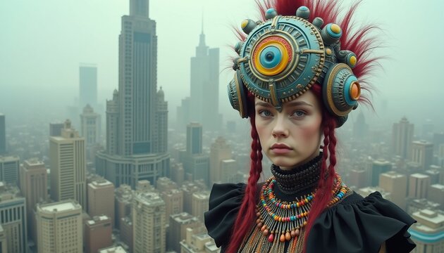 Steampunk-inspired woman with intricate headpiece against misty city skyline