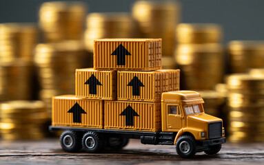 Obraz premium Yellow cargo containers with black up arrows stacked on miniature semi truck. Gold coin stacks form background. Concept of import tariff increase, rising trade costs, growing logistics expenses