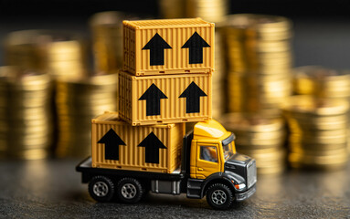 Obraz premium Yellow cargo containers with black up arrows stacked on miniature semi truck. Gold coin stacks form background. Concept of import tariff increase, rising trade costs, growing logistics expenses