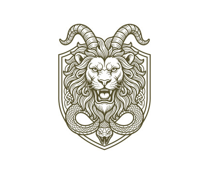 Lion Head with Goat Horns Shield and Snake Vector Illustration
