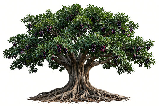 Large mature Jamun tree, dense dark-green foliage, purple-black fruits, rugged trunk and extensive exposed roots, ultra-realistic 8K, razor-sharp botanical detail, isolated white background,