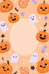 Obraz premium Cute halloween pastel orange background pattern frame with happy cartoon pumpkins ghosts candies stars copy space vertical orientation cute holiday banner greeting card invitation design template