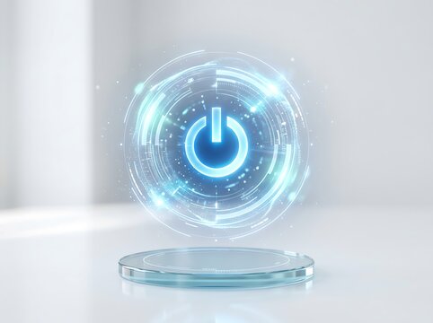 Glowing digital power button hologram floating above a glass pedestal
