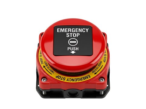Red emergency stop button device with push label for safety equipment and industrial design