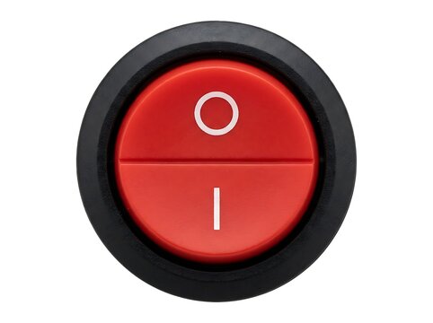 Red round power switch button isolated on white background