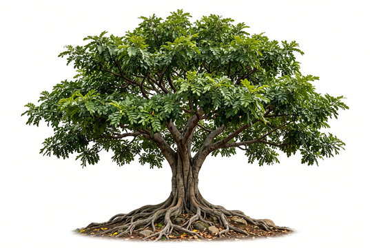 Mature Copaiba tree, broad tropical canopy, glossy compound foliage, rugged trunk and detailed exposed roots, ultra-realistic 8K botanical photography, sharp focus, isolated pure white