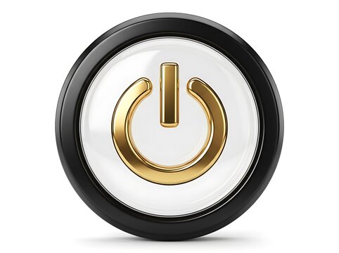 Gold power button icon in transparent circular frame for tech branding and app design