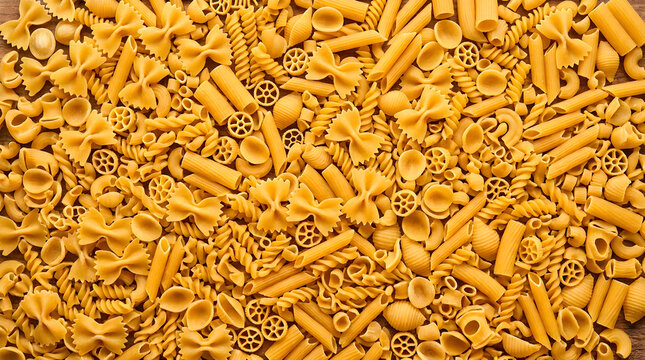 Dry pasta assortment texture background, mixed raw Italian pasta variety, golden wheat semolina ingredient flat lay isolated on White Background