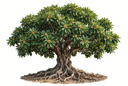 Large mature Mahua tree, dense rounded canopy, thick gnarled trunk, broad green leaves, flowers and detailed exposed roots, ultra-realistic 8K botanical photography, sharp focus,