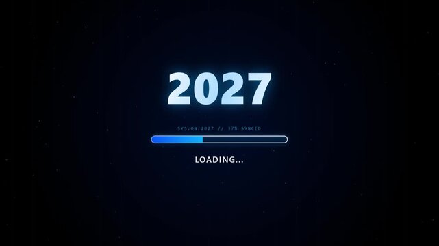 2027 year loading progress bar digital interface animation, futuristic technology concept, data syncing hud background