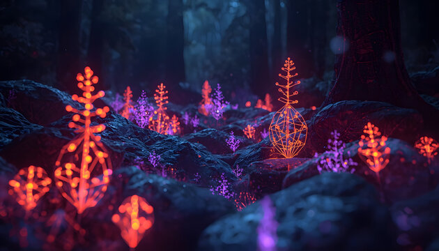 Bioluminescent exotic plants glowing in a dark mysterious forest environment with glowing flora enchanted forest magic nature mystical woods neon plants alien landscape fantasy garden