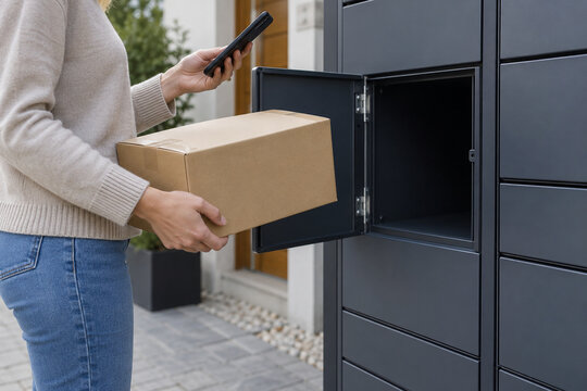 Customer holding a return parcel and smartphone beside a locker