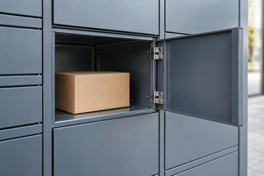 Cardboard package inside an open parcel locker compartment