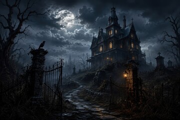 Obraz premium Moonlit gothic mansion beyond a haunted cemetery gate