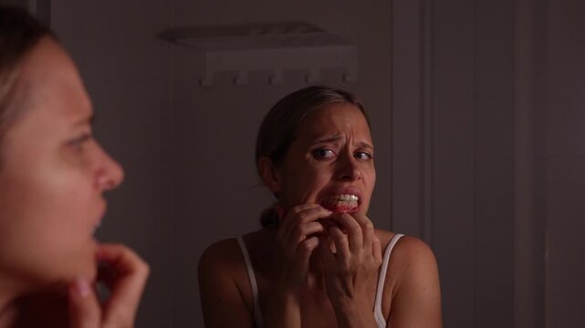 Young woman looking at bleeding gums in mirror with worried expression, checking oral health and inflammation during bathroom selfcare routine